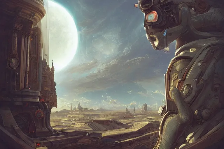 Prompt: a man in futuristic space suit looking at ancient renaissance florence italy through a time travel spaceship window, scifi, serene, refined, by wlop, peter mohrbacher, jakub rebelka, visually stunning, beautiful, masterpiece