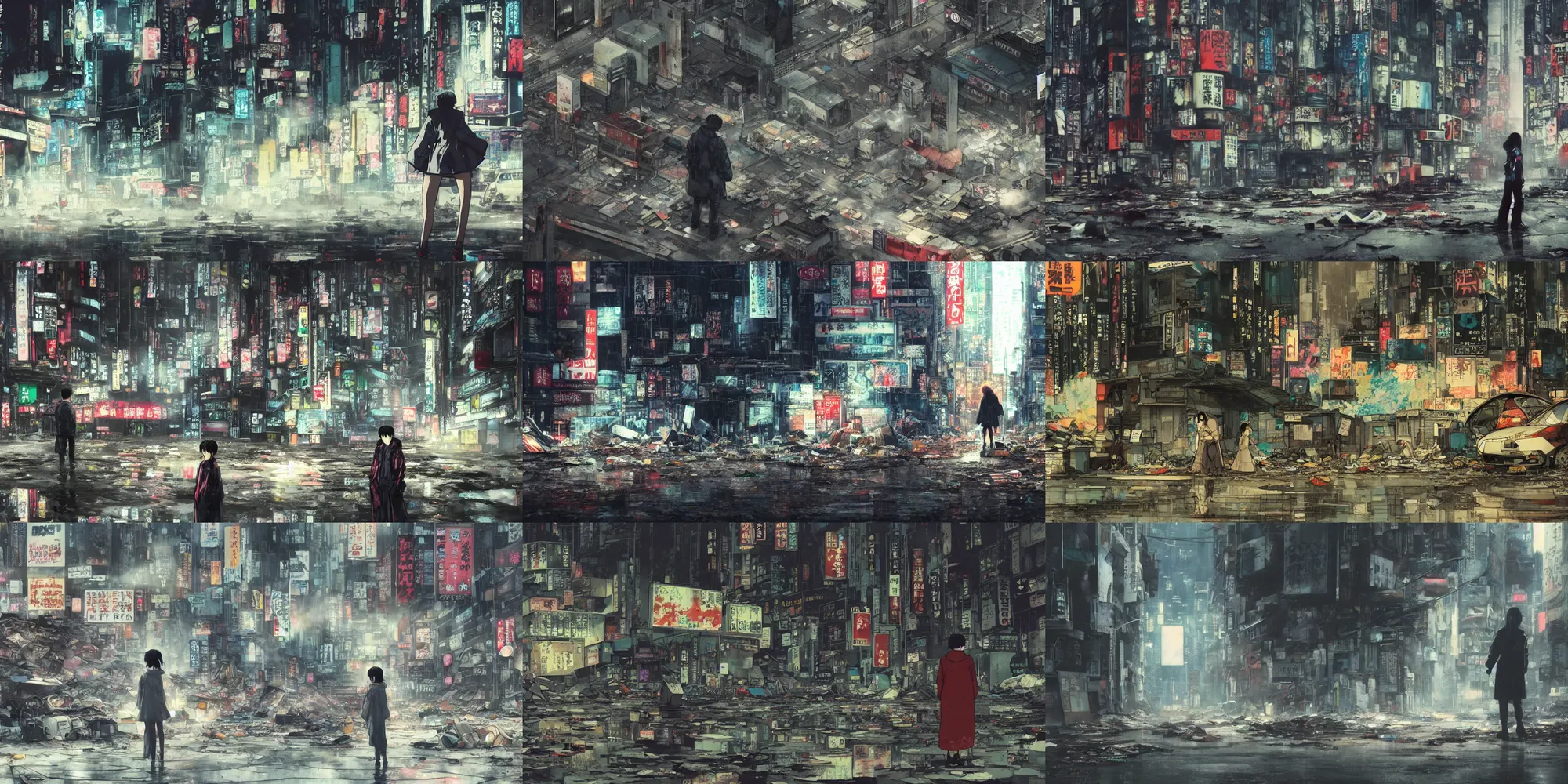 Prompt: incredible wide screenshot, ultrawide, simple water color, paper texture, katsuhiro otomo ghost in the shell movie scene, backlit distant shot girl in parka, dark road, parasol in deserted trash pile night shinjuku junk, broke machines, bold graffiti, black road, reflection puddles, volumetric light, fog!, dark vignette, fire!