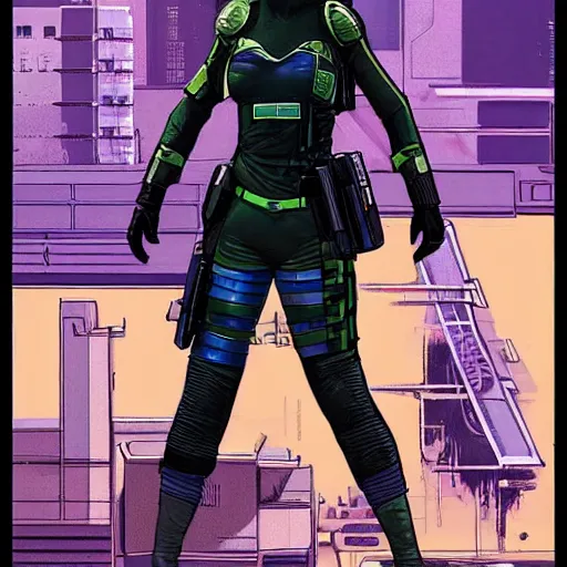 Prompt: Selina. Apex legends cyberpunk spy in stealthsuit. Concept art by James Gurney and Mœbius.