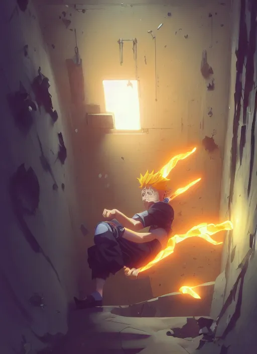 Image similar to highly detailed prison cell with naruto uzumaki with black hair, punching a wall, art by greg rutkowski, loish, rhads, ferdinand knab, makoto shinkai and lois van baarle, ilya kuvshinov, rossdraws, tom bagshaw, global illumination, radiant light, detailed and intricate environment