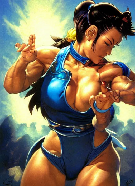 Prompt: portrait, chun - li from street fighter, by greg staples, frank frazetta, dorian cleavenger, sharp focus, intricate, summer day, sunlight, soft lighting, detailed