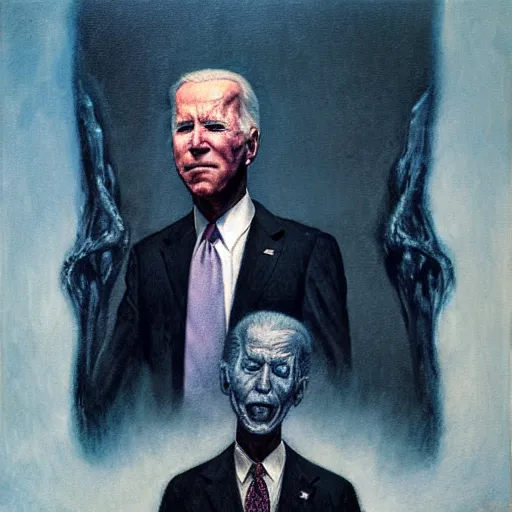 Prompt: presidential portrait of joe biden with smoking eyes and mouth as slenderman, by beksinski, jon mcnaughton, and stephen gammell