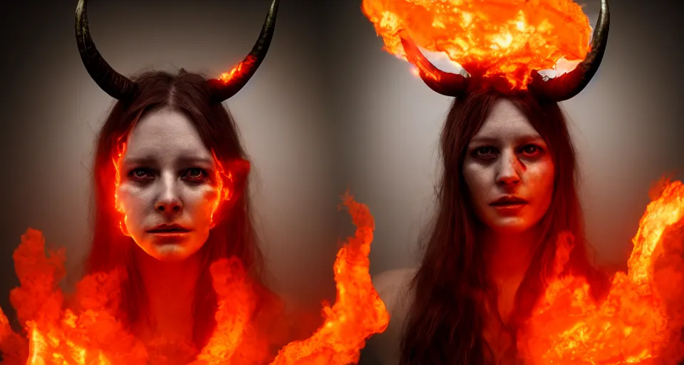 Image similar to portrait of a woman with horns made of flames in the wisps of thick smoke, horror, creepy vibe, looking into the camera, nightmare fuel, studio photography, studio lighting, realistic render, octane render, 4 k, 8 k, face in focus