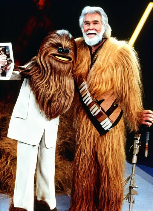 Prompt: chewbacca guest hosting the muppet show in 1 9 8 0 with kenny rogers