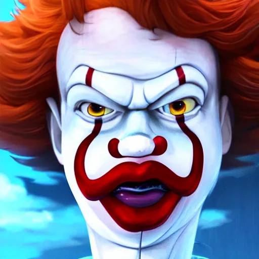 Image similar to close-up Makoto Shinkai portrait of Ronald McDonald as Pennywise, anime key visual, official media, Rossdraws, Lois van Baarle