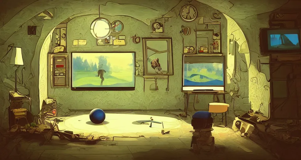 Image similar to A beautiful artwork illustration, a videogame level in a small escape room with a golf ball who is a detective, featured on artstation, wide angle, horizontal orientation