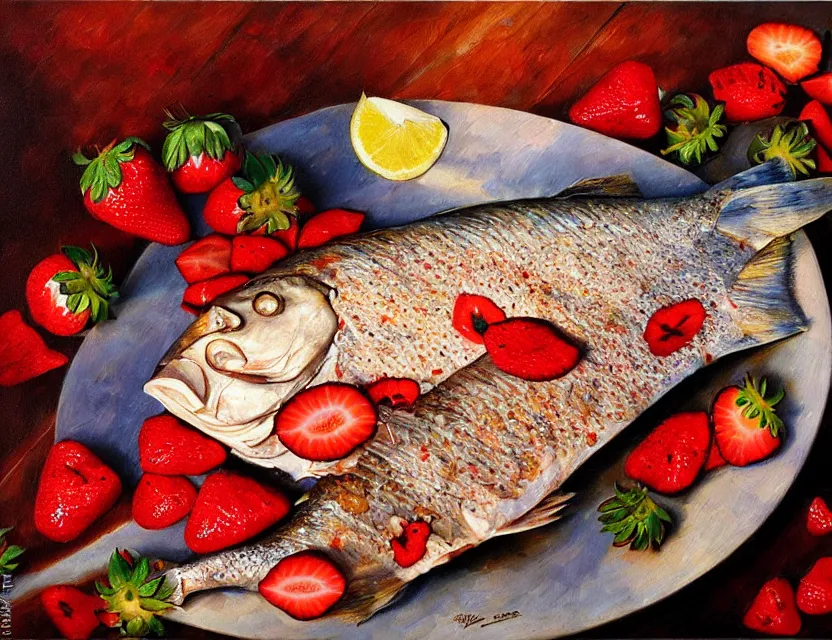 Prompt: a grilled whole fish served with strawberries. this oil painting by the award - winning mangaka has a beautiful composition, great sense of depth, dramatic lighting and intricate details.