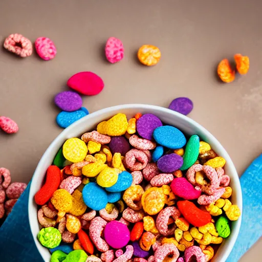 Prompt: a bowl of colorfull cereal falling off a table, studio lighting, food photography