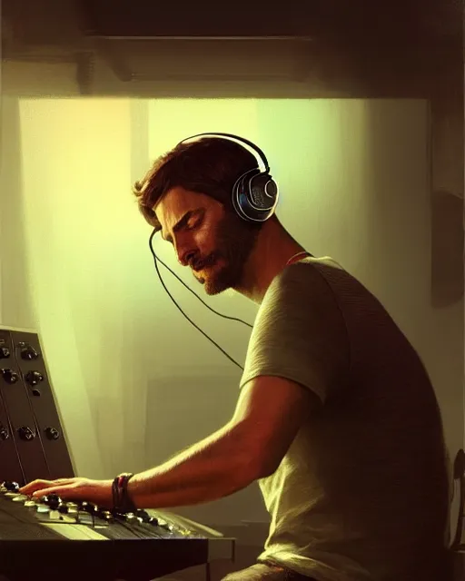 Prompt: man with headphones at his home studio producing music late at night, very detailed, 4 k, concept art like ernest khalimov, intricate details, highly detailed by greg rutkowski, ilya kuvshinov, gaston bussiere, craig mullins, simon bisley