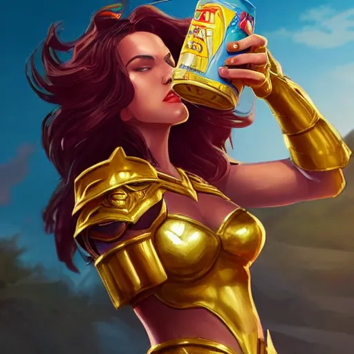 Prompt: leona from league of legends wearing gold and scarlet armor drinking a soft drink out of a blue can on a hot summer day at the beach. she is wearing wearing gold and scarlet armor. digital illustration, trending on artstation, highly detailed, excellent beautiful lighting,