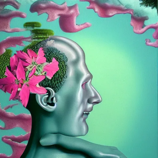 Image similar to award winning masterpiece with incredible details, a surreal vaporwave vaporwave vaporwave vaporwave vaporwave painting by MC Escher of an old pink mannequin head with flowers growing out, sinking underwater, highly detailed