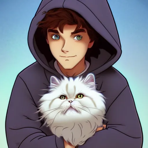 Prompt: teen boy with brown hair and big blue eyes, wearing a hoodie, fluffy white persian cat, natural lighting, path traced, highly detailed, high quality, cartoon, digital painting, by don bluth and ross tran and studio ghibli and alphonse mucha