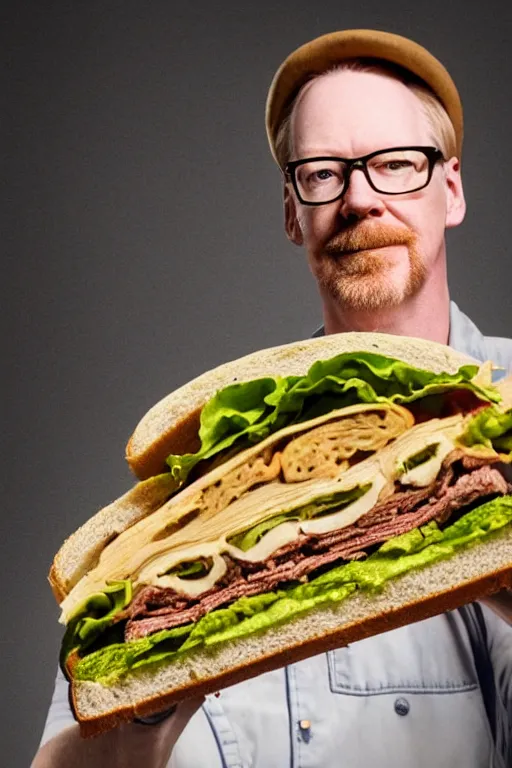 Image similar to 📷 portrait of adam savage the sandwich, made of food, still image, dynamic lighting, 4 k