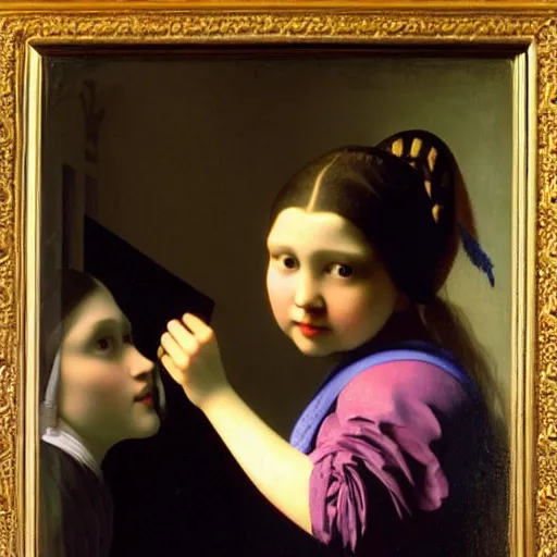 Image similar to a beautiful girl sees her reflection in a mirror : : highly detailed, beautifully lit, oil painting portrait by vermeer and bouguereau and waterhouse