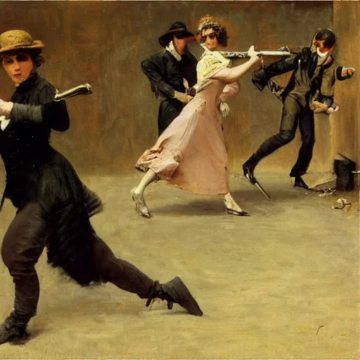 Image similar to actress rehearsing an action scene with revolver by alfred stevens