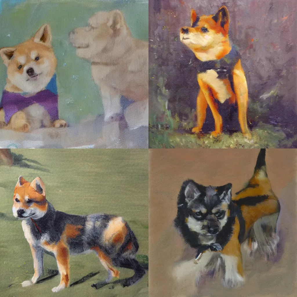 Prompt: An impressionist oil painting of a shiba inu