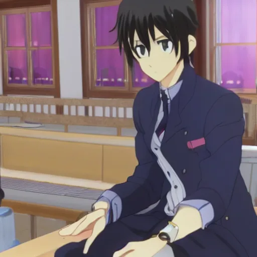 Prompt: Aymeric de Borel in a restaurant slice of life anime. Key frame. still from 3d tv anime, Kyoto animation studio, Flash photography