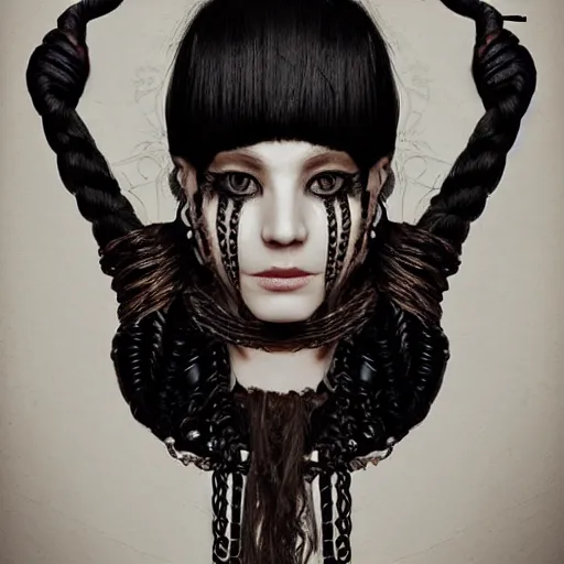 Image similar to portrait of a Shibari rope wrapped face and neck, black painted upper half of the face, headshot, insanely nice professional hair style, dramatic hair color, digital painting, of a old 15th century, old cyborg merchant, amber jewels, baroque, ornate clothing, scifi, realistic, hyperdetailed, chiaroscuro, concept art, art by Franz Hals and Jon Foster and Ayami Kojima and Amano and Karol Bak,