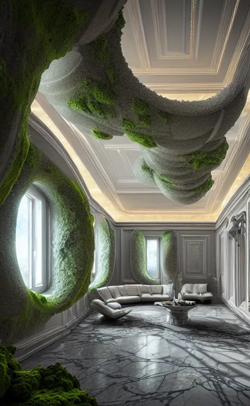 Image similar to highly detailed ultra sharp 3 d render villa interior cinematic composition of a smooth ceramic porcelain biomorphic magnolia stone nebula fluid fractal sci - fi surreal architecture landscape, granite, metallic, magnesium, marble, moss and lichen, vincent callebaut composition, mamou - mani, archviz, beautiful lighting, 8 k, unreal engine, hdr,