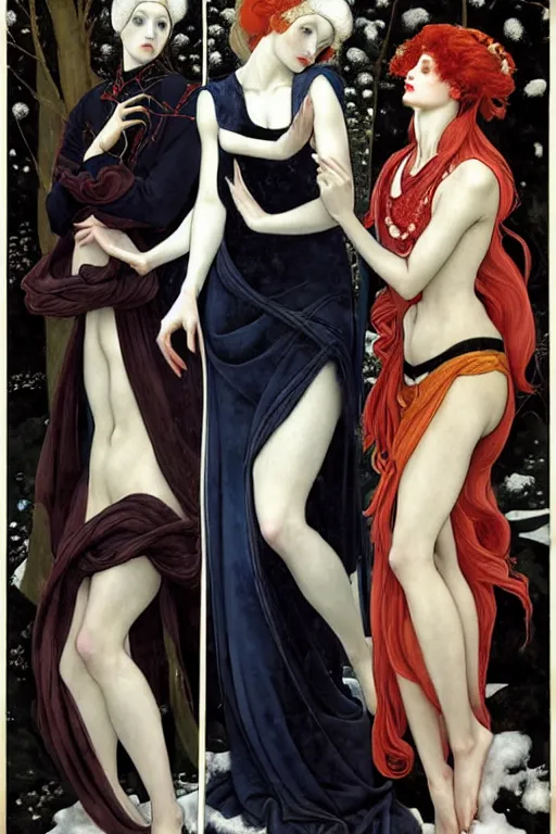 Image similar to 3 Winter Deities, (one representing each month of December, January, and February), in a mixed style of Æon Flux, Peter Chung, Botticelli, and John Singer Sargent, inspired by pre-raphaelite paintings, shoujo manga, and cool Japanese street fashion, sparse Winter landscape, dark and moody colors, hyper detailed, super fine inking lines, dramatic color, 4K extremely photorealistic, Arnold render