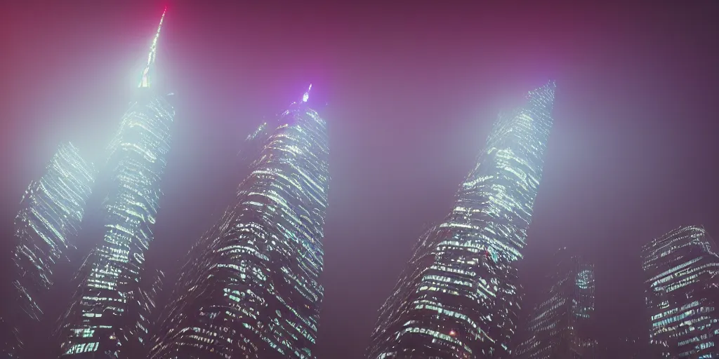 Prompt: skyscrapers disappearing into the fog, low angle, closeup, future retro city, night, neon, red lights, blue atmosphere, cinematic, underexposed, 135mm lens,