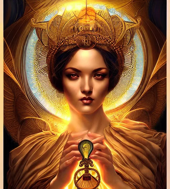 Image similar to goddess of knowledge, tarot card, ornate, digital art by artgerm and karol bak