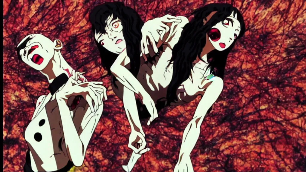 Prompt: french voguing dance horror movie, anime film still from the an anime directed by katsuhiro otomo with art direction by salvador dali, wide lens