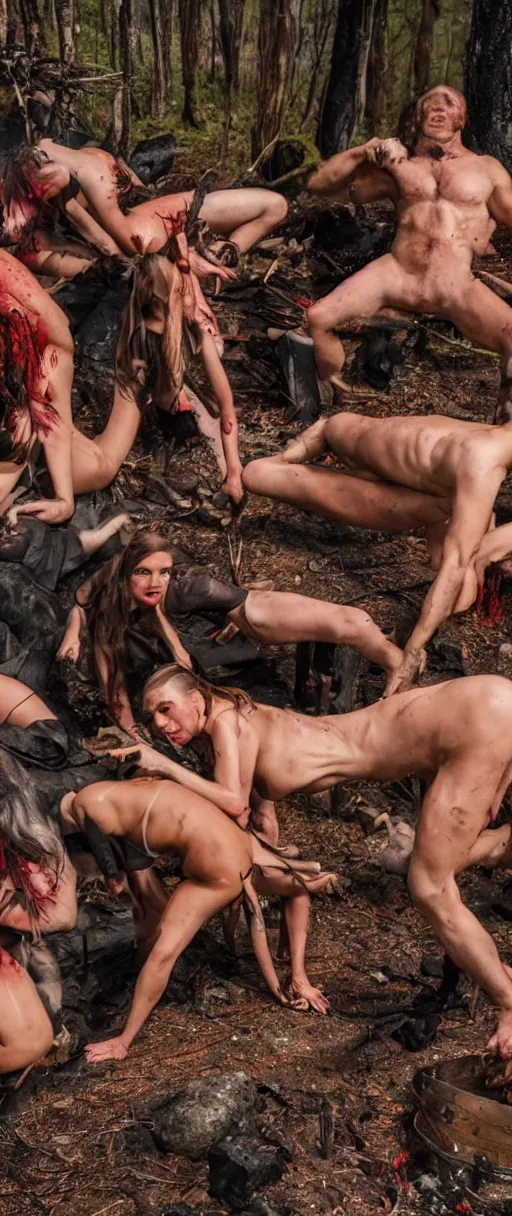 Prompt: and 8 k uhd photo of some witches in the woods with skin and muscle and blood dancing and crawling around a fire pit