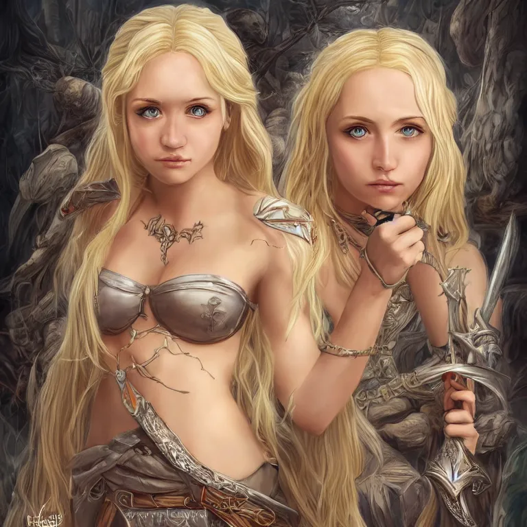 Image similar to extremely detailed fantasy art of a cute blonde female, lord of the rings style, poster, full figure, fantasy, 8 k