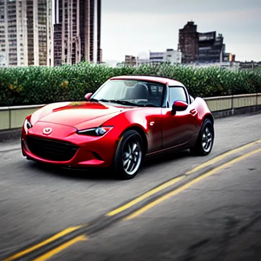 Image similar to A giant Mazda Miata NA wreaks havoc over a city