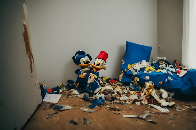 Image similar to donald duck hide in dark corner of messy room, smiling, warm low light, werid core