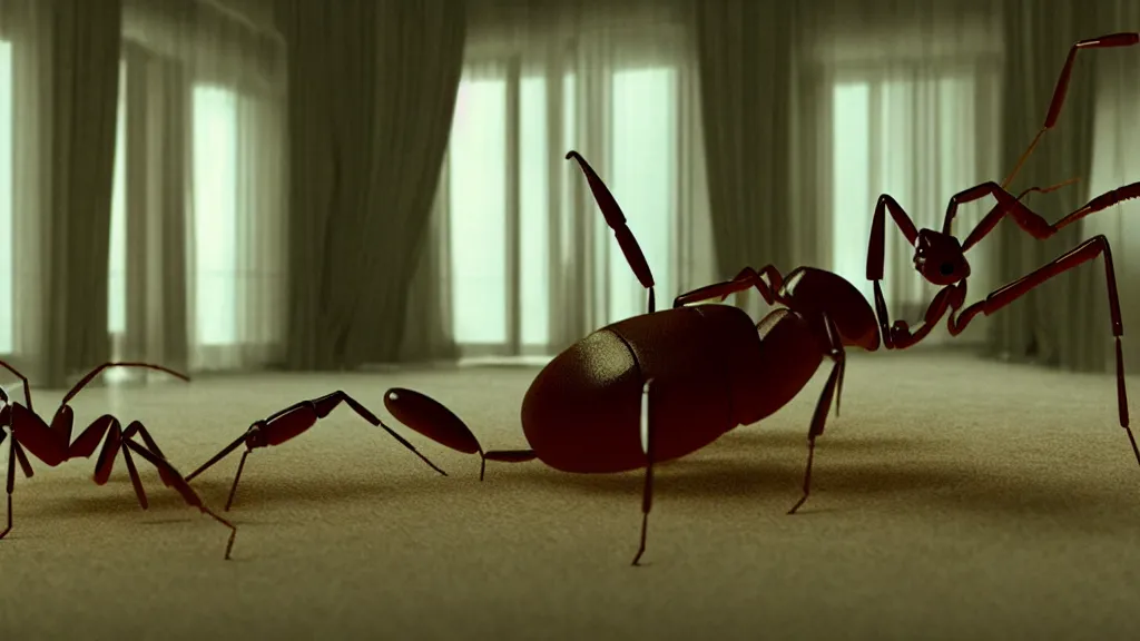 Image similar to the giant ant in the living room, film still from the movie directed by Denis Villeneuve with art direction by Salvador Dalí, wide lens