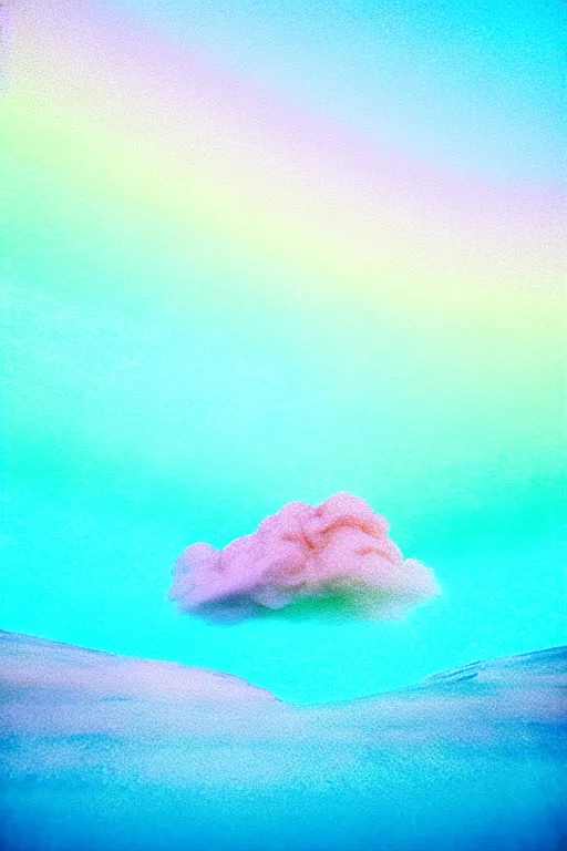 Image similar to high quality pastel coloured film close up wide angle photograph of a model wearing clothing swimming on cloud furniture in a icelandic black rock!! environment in a partially haze filled dreamstate world. three point light, rainbow. photographic production. art directed. pastel colours. volumetric clouds. pastel gradient overlay. waves glitch artefacts. extreme facial clarity. 8 k. filmic.