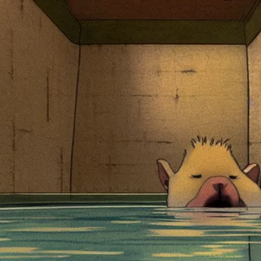 Prompt: the scene of a capybara chilling in a bathtub in the movie spirited away by studio ghibli