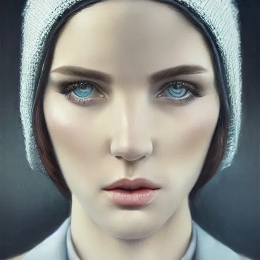 Image similar to tom bagshaw portrait, beautiful portrait of a woman with angel eyes in a suit, hair under a baseball cap, professionally retouched, focus eyes, ultra realistic soft painting, insanely detailed linework, symmetrical accurate intricate features, behance, 8 k