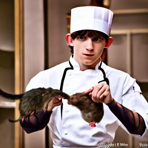 Image similar to variety - first picture of live action ratatouille shows tom holland with a real live rat on his chef's hat ( eos 5 ds r, iso 1 0 0, f / 8, 1 / 1 2 5, 8 4 mm, postprocessed, bokeh )