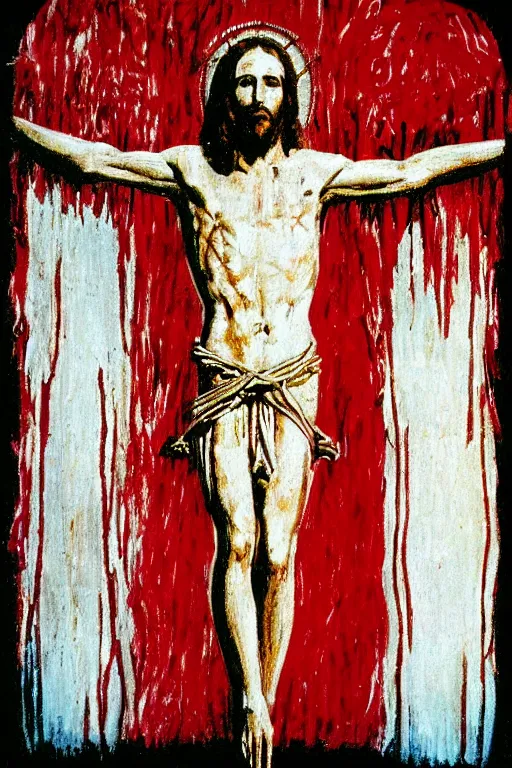Image similar to bloody jesus christ crucified with a ufo of light right above his head painted by cy twombly and andy warhol