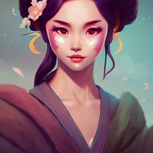 Image similar to a portrait of a beautiful geisha, art by lois van baarle and loish and ross tran and rossdraws and sam yang and samdoesarts and artgerm and saruei, digital art, highly detailed, intricate, sharp focus, Trending on Artstation HQ, deviantart, unreal engine 5, 4K UHD image