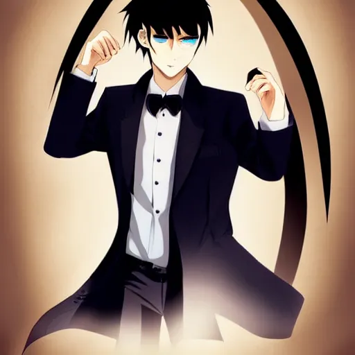 Prompt: a male teen with dark short hair and dark brown eyes wearing a dark formal overcoat, anime style, portait photo, high quality, beautiful, trending on DeviantArt, anime boy