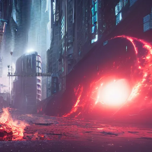 Image similar to a black hole is destroying a gothic cyberpunk City, catastrophic, fire and explosions, the feeling of dread, photorealistic, octane render, unreal engine