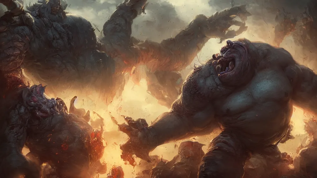 Image similar to a huge angry violent ogre stomps through a suburban neighborhood, people run, by yuumei, bayard wu, wlop, tim white, ross tran, 4 k