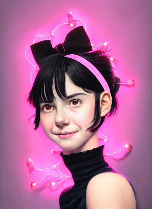 Image similar to portrait of high school girl, realistic, black hair, bangs, half updo hairstyle, pointy nose, skinny, smile, ugly, defined jawline, big chin, pink hair bow, earrings, intricate, elegant, glowing lights, highly detailed, digital painting, artstation, sharp focus, illustration, art by wlop, mars ravelo and greg rutkowski