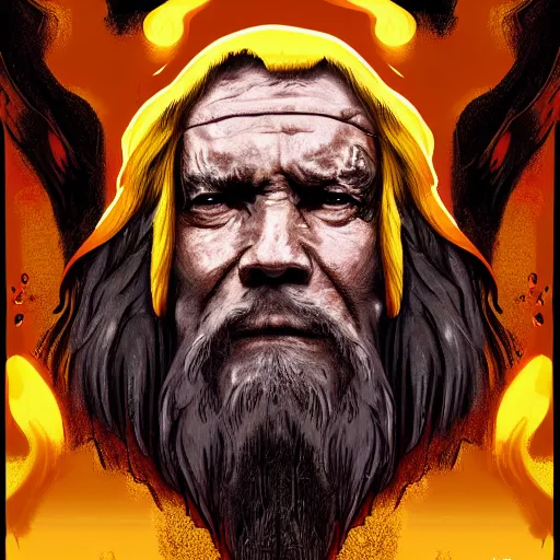 Image similar to an old man with 7 yellow birds, epic fantasy, conan the barbarian, high detail, digital art