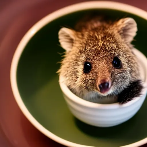 Image similar to baby quokka in a teacup, photography, minimalistic, 8k