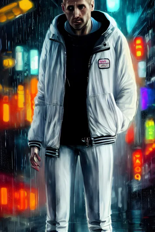 Image similar to extreme long shot. 35 years old blonde russian man in white adidas pants. black letaher jacket. white sneakers. hangover face. staying on the street. 4k, 8k, hyprerealistic, extreme hight detail, trending on artstation, masterpiece. bladerunner 2049 colors. colourful. psychedelic colors