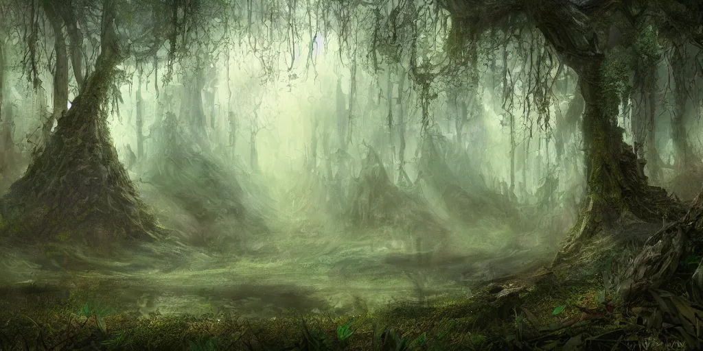 Image similar to beautiful matte painting of a fantasy forest