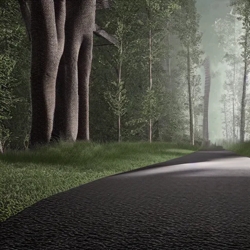 Prompt: a shoe on a path in the middle of a forest, dark, unreal engine