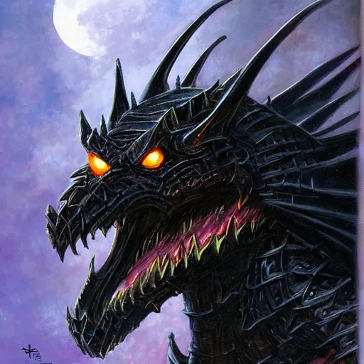 Prompt: Portrait of a terrible black dragon by Ralph Horsley