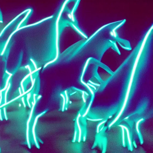 Image similar to electric blue scaled glowing baby dinosaurs in tron movie, cinestill