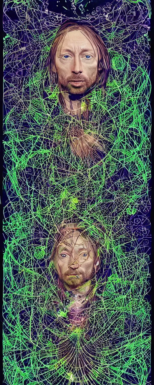 Prompt: disco diffusion portrait of Thom Yorke, hiding in the bushes looking shifty:: cosmic tarot card, intricate fractal details, broken physics, fanciful floral mandelbulb, black paper, style of wes anderson